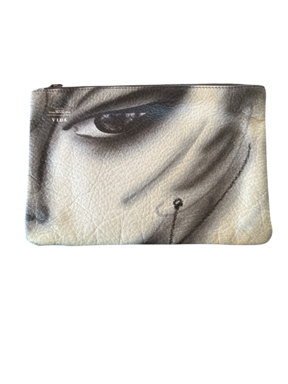 Genuine leather  black and gray artistic face print clutch.
